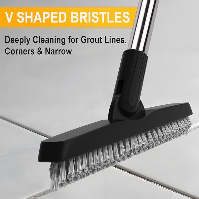 2 Pack Grout Brush with Long Handle, Swivel Cleaning Grout Line Scrubber - Image 3