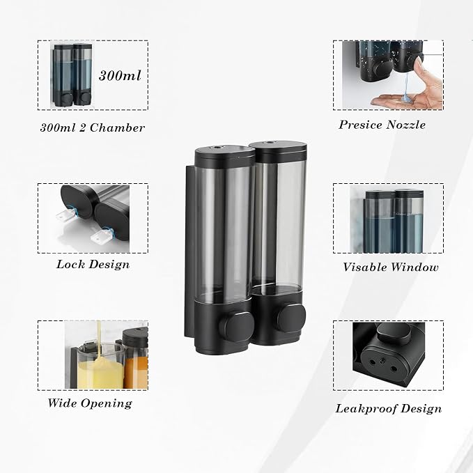 2-Chamber 10oz/300ML Black Plastic Hand Wall Mounted Soap Dispensers | - Image 4
