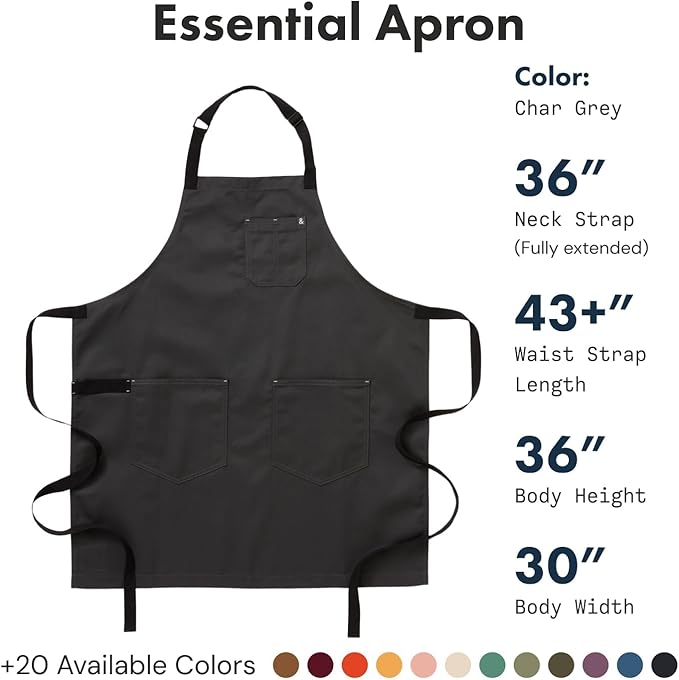 hedley & bennett Essential Apron - Adjustable Bib Chef Apron with 3 Pockets & Towel Loop - 8oz Cotton Canvas - Char Grey