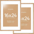 Homeforia Picture 16x24 Wood Frame, High End Natural Oak 16x24 Light Wooden Poster Frame with Mat 12x18, 16 x 24 Frames Matted to 12 x 18 Photo, 24x16 Hanging Frame, Tempered Glass, Wall Kit, Set of 2