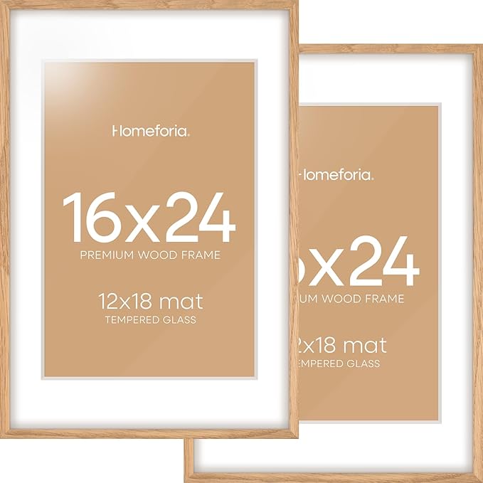 Homeforia Picture 16x24 Wood Frame, High End Natural Oak 16x24 Light Wooden Poster Frame with Mat 12x18, 16 x 24 Frames Matted to 12 x 18 Photo, 24x16 Hanging Frame, Tempered Glass, Wall Kit, Set of 2
