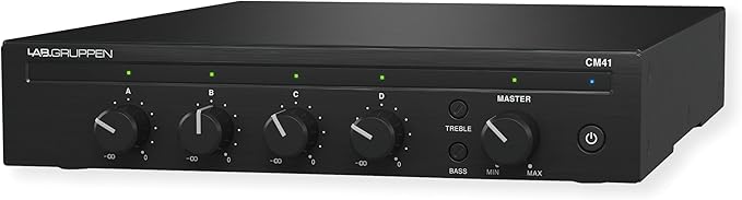 Lab Gruppen CM41 Commercial Mixer, 4 Inputs and 1 Output, 4 Mic/line Inputs with Individual Volume Controls, Configurable Priority Muting Function, Front Panel Power Control Button, Aux Output