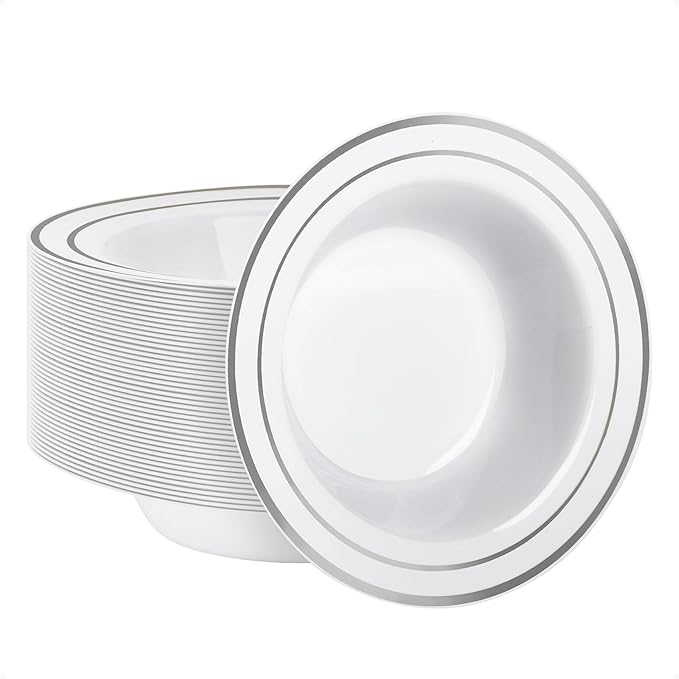Goodluck 50 Pack Plastic Bowls with Silver Rim, 12oz Disposable Soup Bowls for Weddings, Parties, Dinners, Catering, and Everyday Use