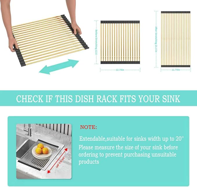Large Telescopic Draining Rack, Gold Roll Up Heat-Resistant Dish Drainer for Stainless Steel Sinks, Non-Slip Silicone Rolling Dish Drainer Roll Rack 18 tube12.59-21.25x12.79''