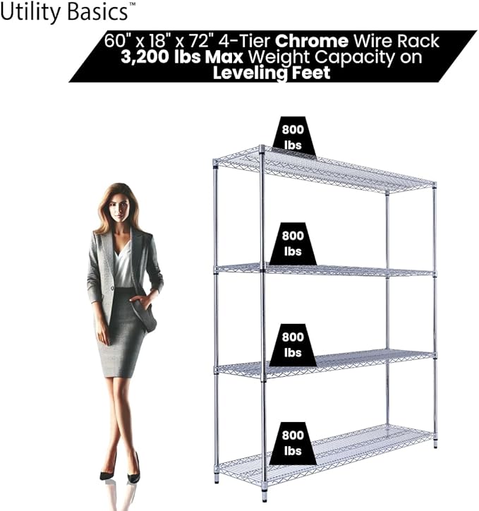 NSF Commercial 4-Tier Wire Shelving with Wheels, 60"x18"x72" Heavy Duty Metal Shelves 3200 lbs Max Capacity, Chrome Storage Rack for Garage Kitchen Pantry Warehouse