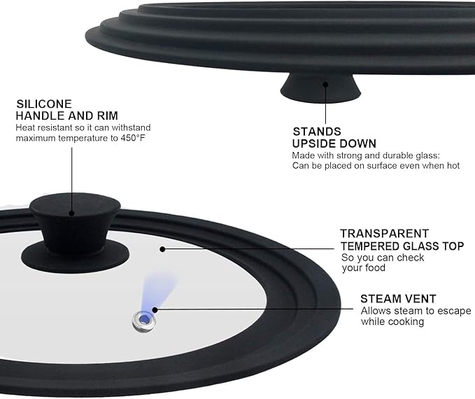 Universal Lid for Pots, Pans and Skillets Fits 10.5", 11.5" and 12" Diameter Cookware - Walfos Tempered Glass Pan Lid with Heat Resistant Silicone Rim, BPA Free Large Pot Lids, Dishwasher-Safe, Black