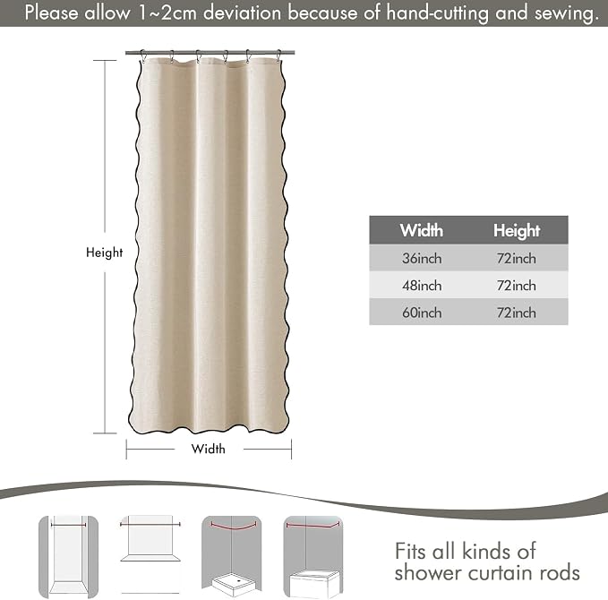 MIULEE Cream Beige Small Stall Scalloped Linen Shower Curtain 36x72 Inches - Image 6