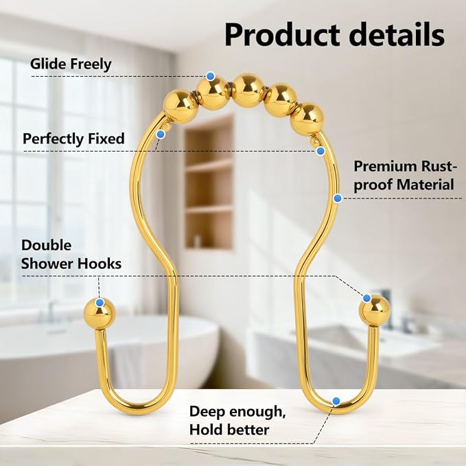Resze Double Shower Curtain Hooks, Sturdy Metal Nickel Shower Curtain Rings - Image 3