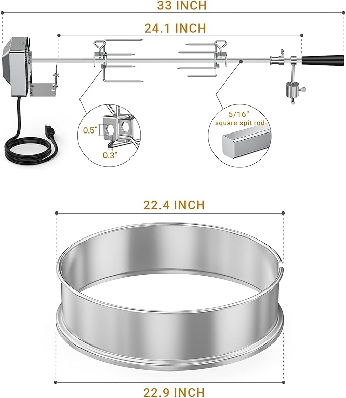 onlyfire Stainless Steel Rotisserie Ring Kit for Weber 22 Inch Charcoal Kettle and Other Similar Grills