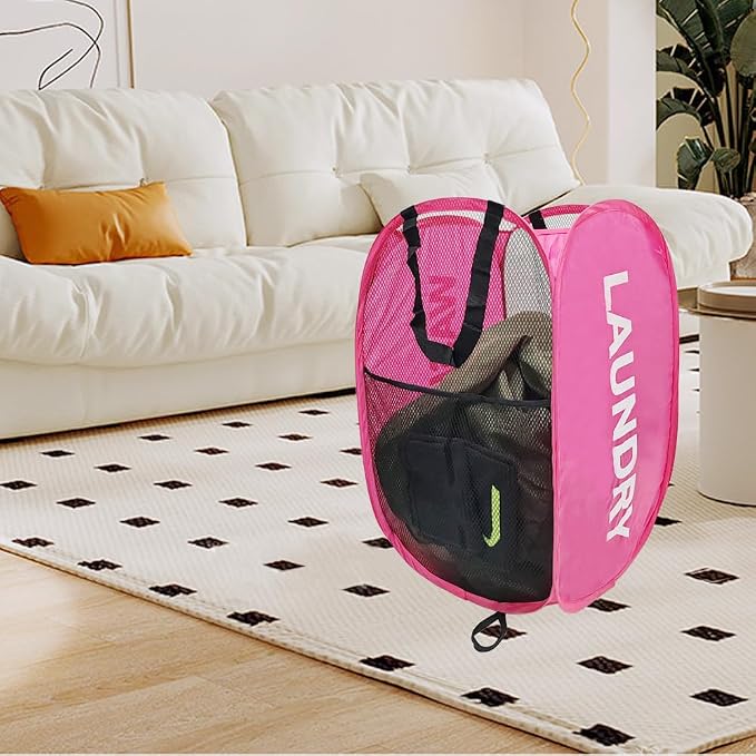 2 Pack Mesh Pop Up Laundry Hamper Collapsible Laundry Basket Pink Dirty Clothes - Image 5