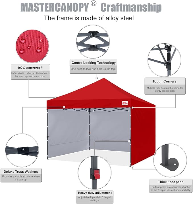 MASTERCANOPY Heavy Duty Pop-up Canopy Tent with Sidewalls (10x10,Red)