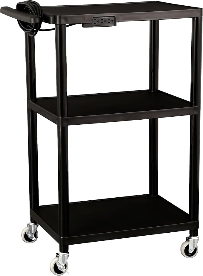 Norwood Commercial Furniture Mobile Utility AV Cart with Power Strip and Casters, Rolling Presentation and Media Cart on Wheels, Black