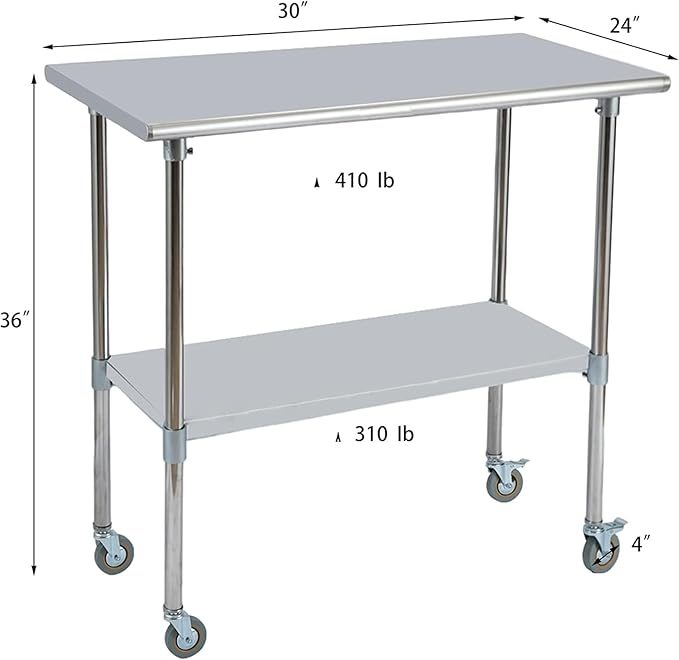 Stainless Steel Work Table 30“L x24 D, NSF Commercial Food Prep Worktable with Adjustable Undershelf and Casters for Restaurant, Home and Outdoors (30“L x24 D)
