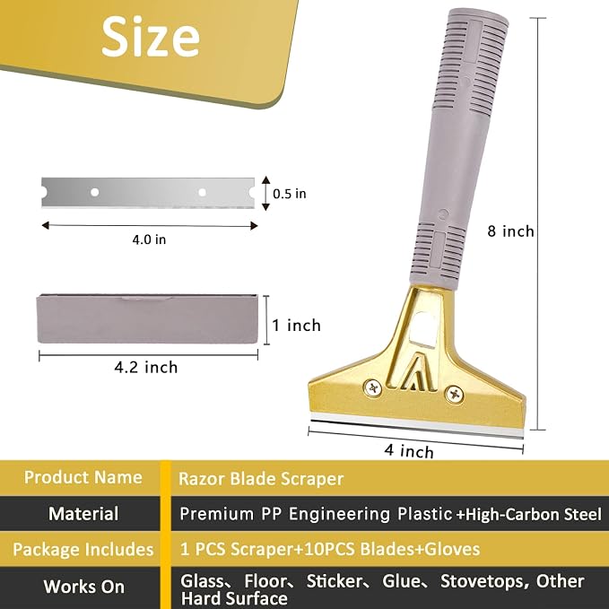 Razor Blade Scraper with 30 PCS Extra Blades and Gloves. | 4"Heavy-Duty Floor - Image 3