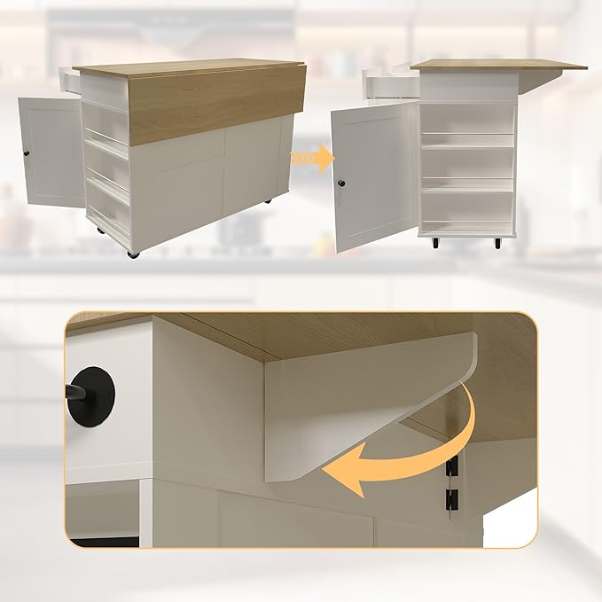 47.2 in Mobile Kitchen Island with Drop Leaf Countertop, Charging Station & Ample Storage, Rolling Kitchen Cart on Wheels with Pull-Out Shelves, Drawers, Spice Rack & Organizer Divider (White-1)