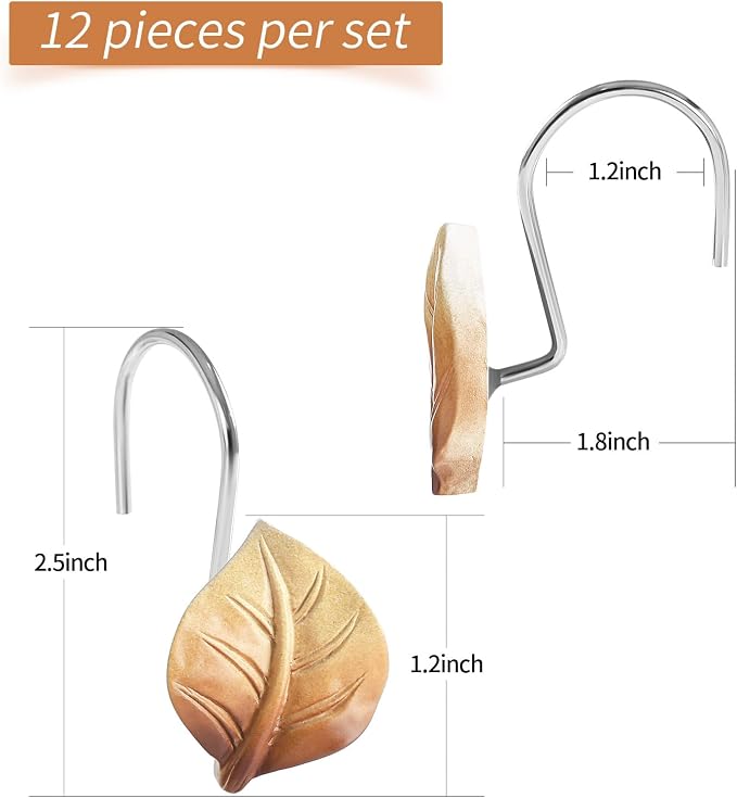 Brown Plant Leaf Shower Curtain Hooks, Eucalyptus Bathroom Decor, Metal - Image 6