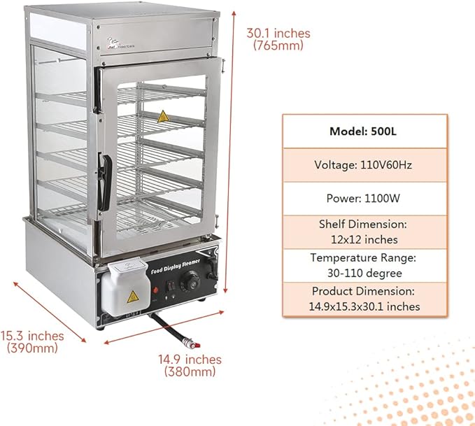 5-Tier Electric Bun Steamer, Commercial Stainless Steel Food Warmer Display with Automatic Temperature Control, for Buns, Baozi, Siomai, Corn, Buffet, Kiosk, Restaurant