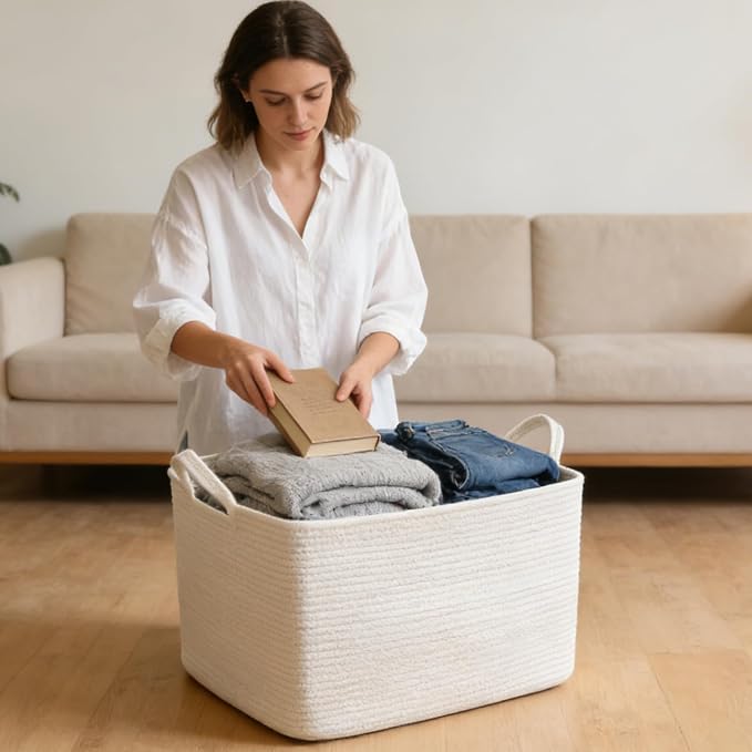 96L Woven Laundry Basket with Handles, Extra Blanket Basket - Image 4