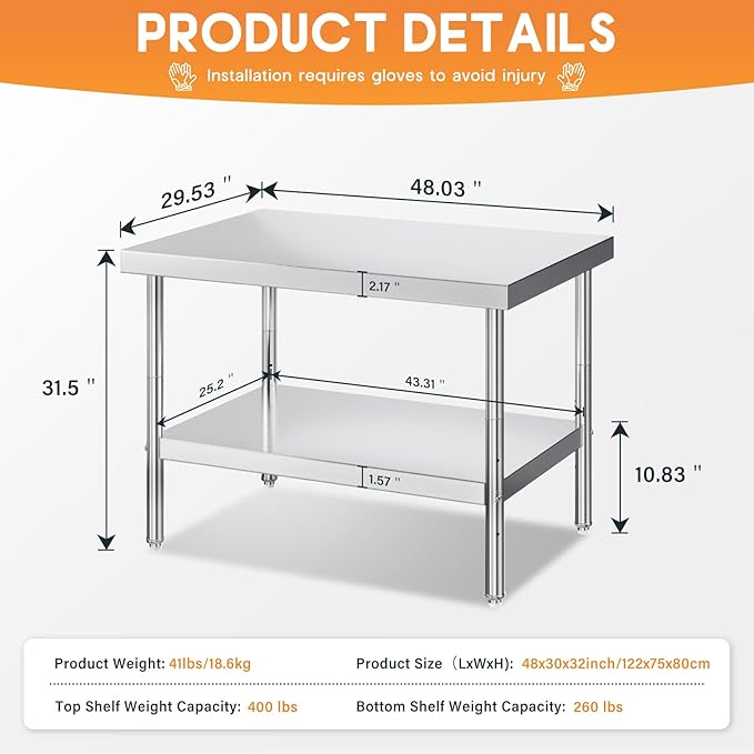 Jocisland 30" x 48" Stainless Steel Table for Prep & Work Adjustable Under Shelf and Feet, for Commercial Kitchen, Restaurant, Hotel, Garage