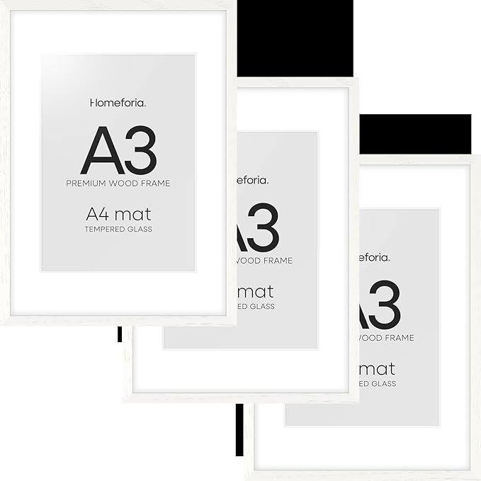 Homeforia A3 Picture Frame White Wood, High-End Oak 11.7 x 16.5 White Poster Frames Matted to 8.3 by 11.7 Photo, 11.7x16.5 Size Wooden Frame with Mat 8.3x11.7 Print, Tempered Glass, Wall Kit, Set of 3