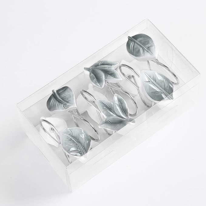 Grey Plant Leaf Shower Curtain Hooks, Eucalyptus Bathroom Decor, Metal Rustproof - Image 2