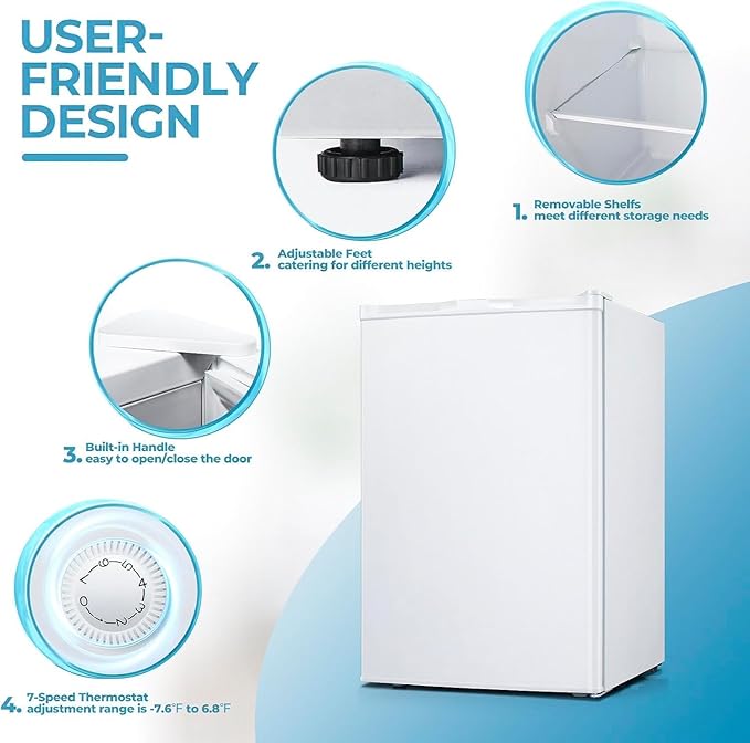3.0 Cu.ft Small Freezer, Mini Upright Freezer with 7 Adjustable Thermostat, Removable Shelves, Reversible Single Door, for Bedroom/Home/Dorms/Apartment (White)
