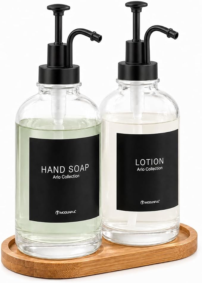Glass Soap Dispenser Set 2, Silicone Funnel, Refillable Kitchen Soap Dispenser by modunfulbathroom