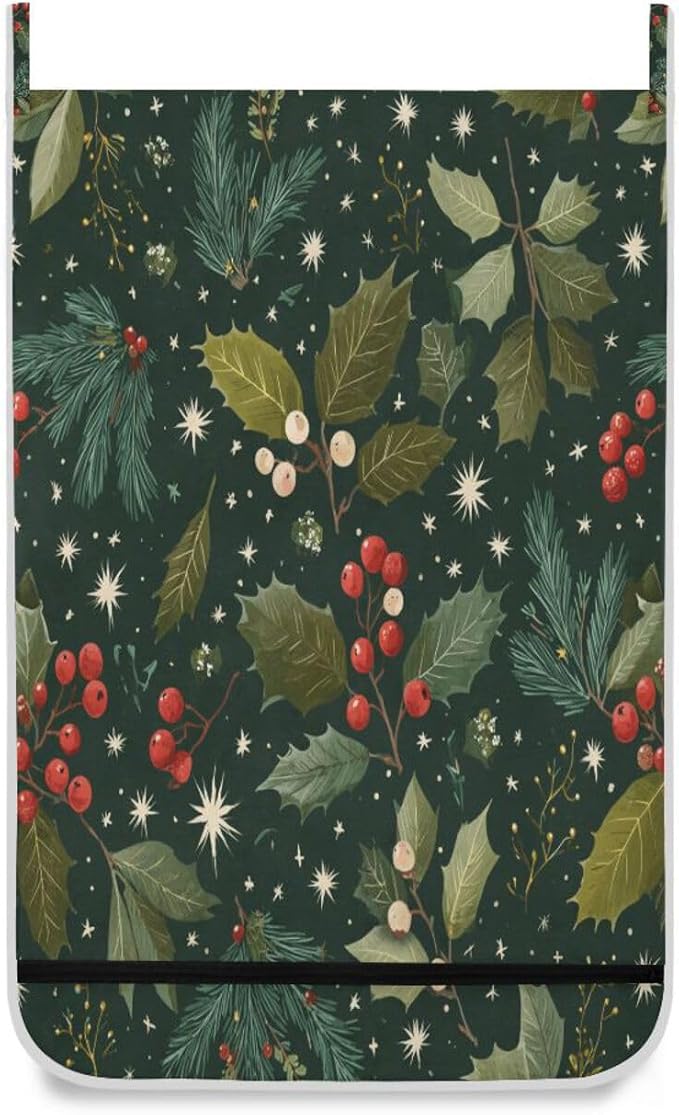 Green Christmas Holly Berries Pine Needles Leaves Hanging Laundry Hamper Door - Image 2