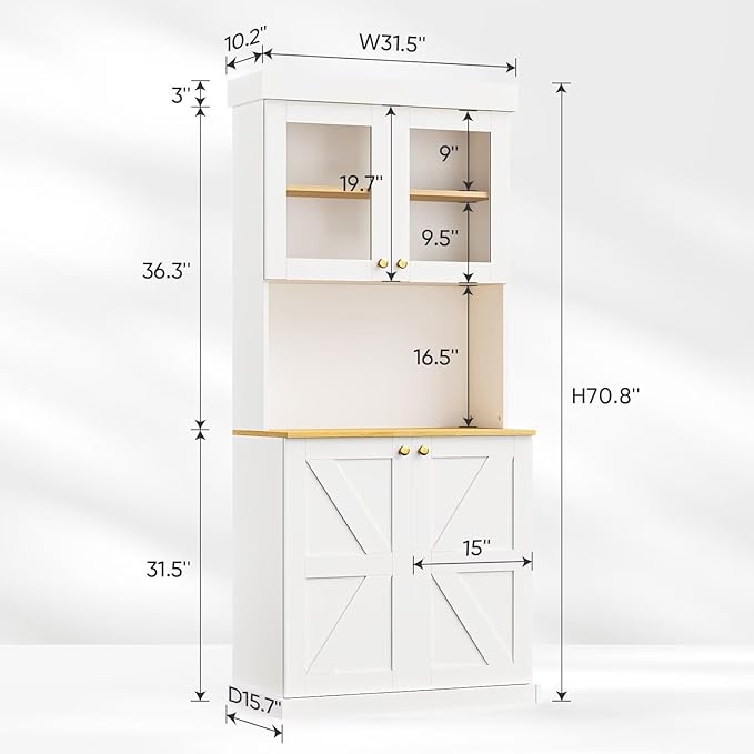 71" Tall Farmhouse Kitchen Pantry, Set of 2, Large Storage Cabinet with Glass Doors, Freestanding Coffee Bar Hutch with Microwave Stand, Adjustable Shelves for Kitchen, Living Room, White