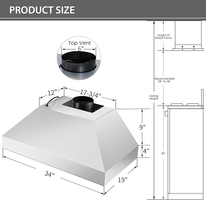 Akicon 36 Inch Range Hood Insert with Heater Sensor, 600 CFM Ultra-Quiet Stainless Steel Ducted Vent Hood Insert with 4 Speed Fan, Dimmable LED Lights and Dishwasher Safe Filters