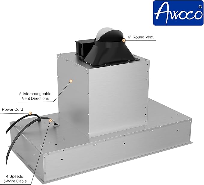 Awoco 36”W Flush Ceiling Mount Insert Island Range Hood, Stainless Steel 4 Speeds 700 CFM, 6” Round Vent LED Lights Remote Control (36"W)