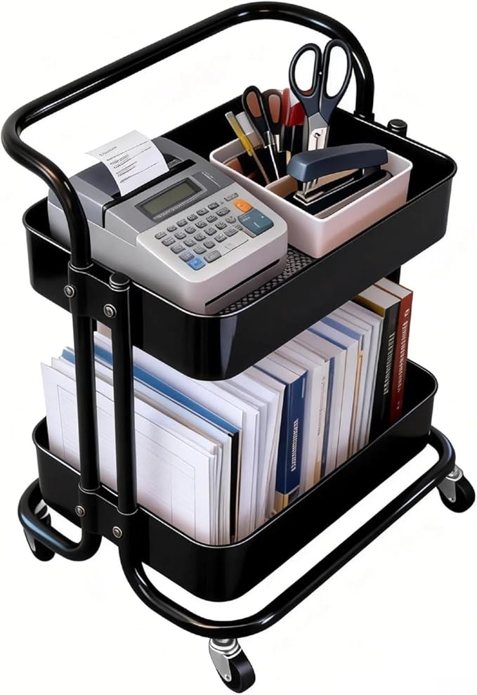 2 Tier Rolling Utility Cart with Wheels All-Metal Short Pantry Cart Under Desk Storage Trolley with Handle, Small Rolling Storage Shelf for Small Space Kitchen Laundry Room Bathroom, Black