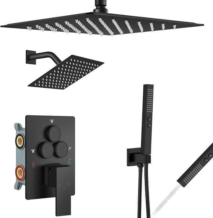 Aolemi Shower Faucet Set Ceiling Mount Shower System Rough-in Valve and Shower Trim Kit 2 in 1 Handheld Spray Push Button Diverter 12 and 6 Inch Dual Shower Head Matte Black