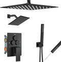 Aolemi Shower Faucet Set Ceiling Mount Shower System Rough-in Valve and Shower Trim Kit 2 in 1 Handheld Spray Push Button Diverter 12 and 6 Inch Dual Shower Head Matte Black
