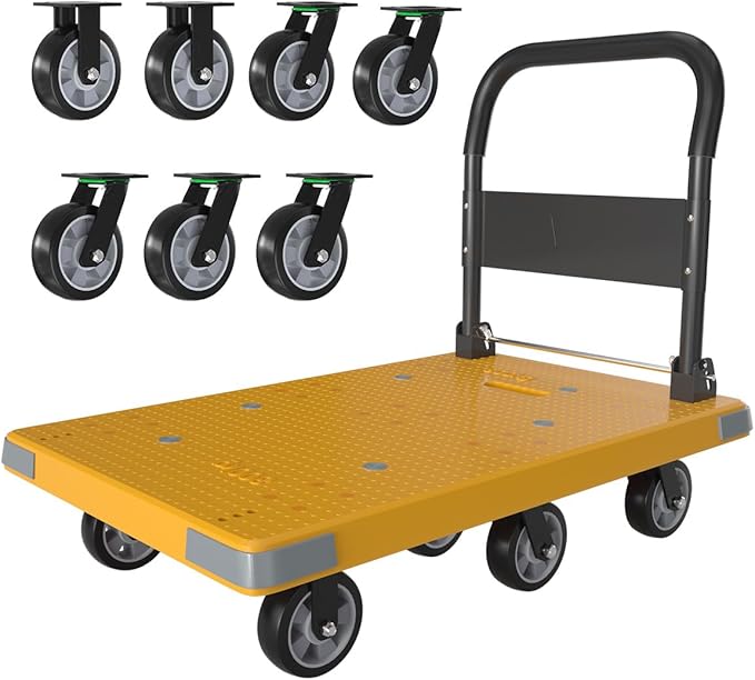 WUD Push Cart, Folding Mobile Platform Trolley,Thickened and Reinforced, 360° Swivel Wheels,47.2 “L x 27.5 ”W, 1764 lb. Yellow Dolly cart with Wheels