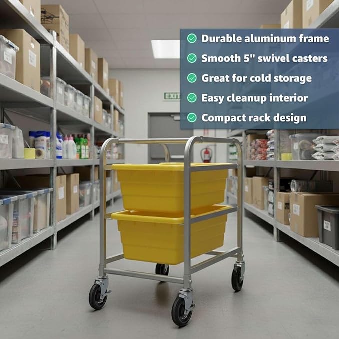 19"x26"x32" Mobile Aluminum Lug Rack - 2 Lug Capacity, NSF Commercial Portable Cart with 5" Swivel Casters and Brakes, Heavy-Duty 300 lb Capacity Storage Rack, Freezer Safe, Utility Dolly