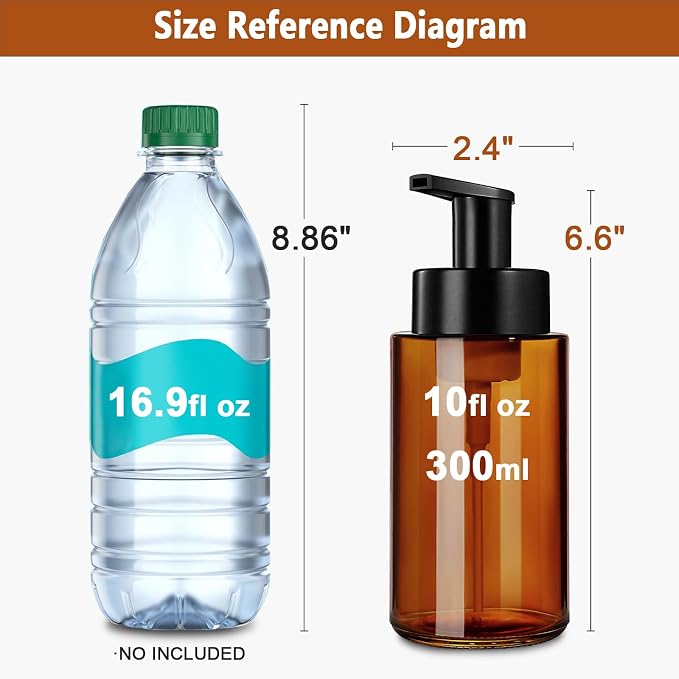RYTOXILO Amber Foam Soap Dispenser, 10 oz/300ml Glass Foaming Soap Dispenser - Image 3