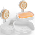 Double Layer Soap Dish for Shower 2 Pack, Wall Mounted Bar Soap Holder Suction Cup 2 Layer Self Draining Soap Case Sponge Holder for Shower Bathroom, Tub and Kitchen Sink, White