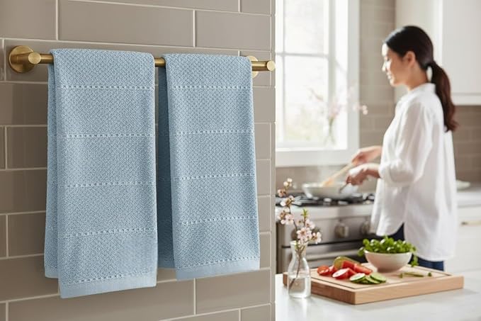 Light Baby Blue Kitchen Hand Dish Towels, 100% Cotton - Image 3
