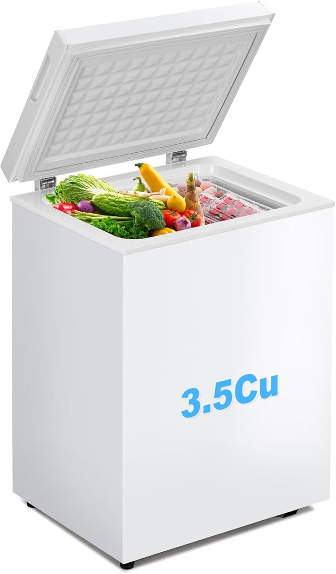 3.5 Cu.Ft Chest Freezer, Compact Chest Freezer with 7 Thermostat, Mini Deep Freezer with Removable Basket, Low Noise, Top Door Free-Standing Freezer for Garage/Dorm/Office/Apartment, White