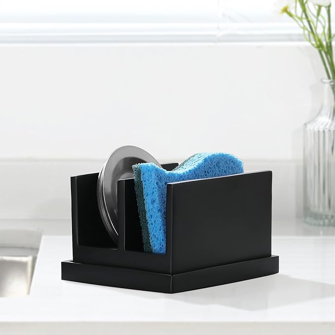 Luxspire Kitchen Sponge Holder wtih Drain Tray, 2 Compartment, Matte Black - Image 9