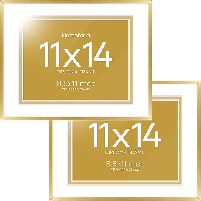 Homeforia 11x14 Diploma Frame Gold, High End Metal 11 x 14 Certificate Frames with Mat 8.5 x 11 inch, 14x11 Document Frame Matted to 8.5x11, Gold Award Degree Frame, Tempered Glass, Wall Kit, Set of 2