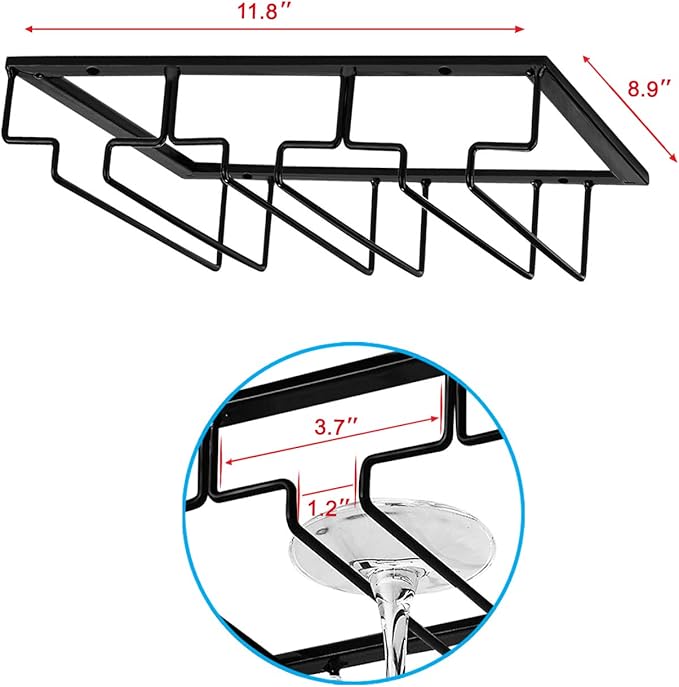 MOCOUM Wine Glasses Rack Under Cabinet Stemware Rack, Wine Glass Hanger Rack Wire Wine Glass Holder Storage Hanger for Cabinet Kitchen Bar (Black, 3 Rows 2 Pack)