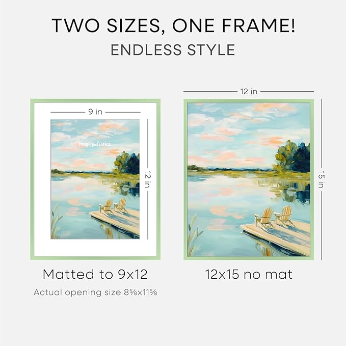 Homeforia 12x15 Sage Green Picture Frame, High End Metal 12x15 Poster Frames with Mat 9x12 Photo, 12 x 15 Sage Green Frames Matted to 9 by 12 Art, 15x12 Thin Frame, Tempered Glass, Wall Kit, Set of 1