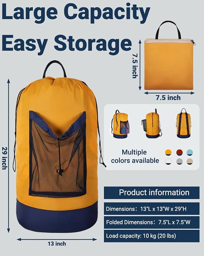 Laundry Bag with Shoulder Straps and Mesh Pocket Laundry Backpack Large - Image 2