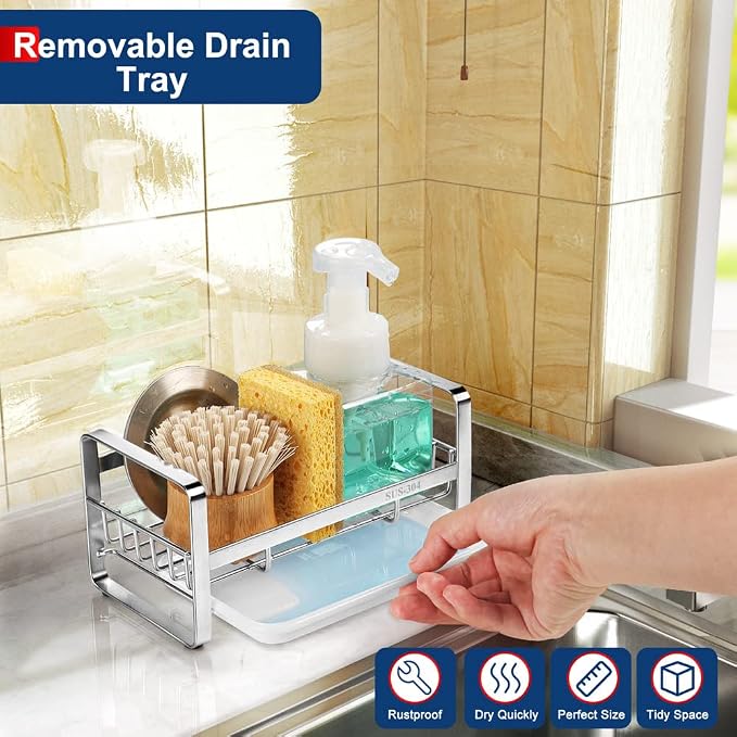 HULISEN Kitchen Sponge Holder, 304 Stainless Steel Sink Caddy - Image 3