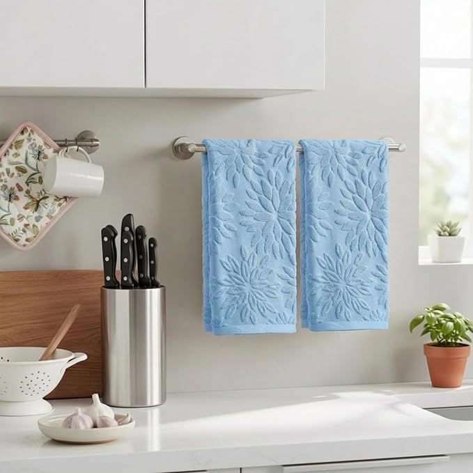 Artoid Mode 2 Pcs Light Blue 3D Dahlia Floral Jacquard Hand Towels - Image 3