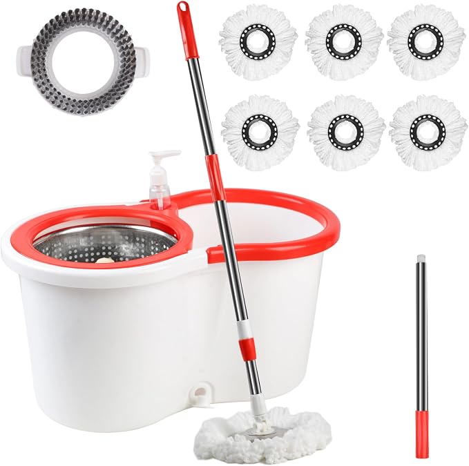 Spin Mop and Bucket with Wringer Set, 6 Microfiber Mop Heads by CooFel