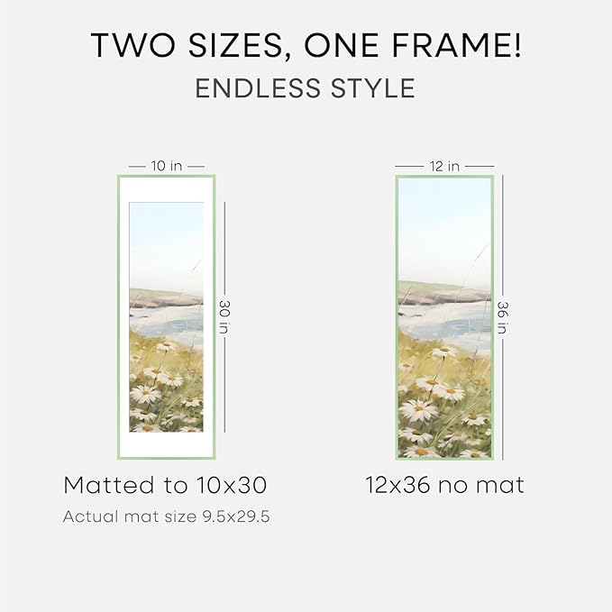 Homeforia 12x36 Sage Green Picture Frame, High End Metal 12by36 Poster Frames with Mat 10x30 Photo, 12 x 36 Green Frame Matted to 10 x 30 Art, 36x12 Panoramic Frame, Tempered Glass, Wall Kit, Set of 1