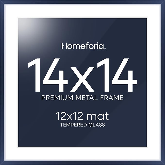 Homeforia 14x14 Picture Frame Navy Blue, High End Metal 14 x 14 Square Poster Frame with Mat 12 x 12 Photo, 14x14 Frame Matted to 12x12 Print, 14by14 Hanging Frames, Tempered Glass, Wall Kit, Set of 1